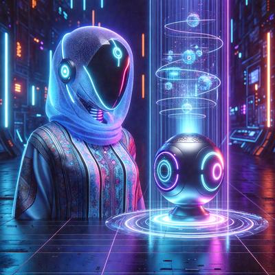 The primary subject of the image is a woman wearing a blue headscarf and a blue and purple dress. She is standing in front of a large, purple, glowing ball. The setting appears to be a futuristic environment, possibly a space station or a futuristic city. The visual style of the image is digital art, with the woman and the ball being the main focus of the composition. The colors and mood of the image are predominantly purple and blue, creating a sense of futuristic and otherworldly atmosphere.